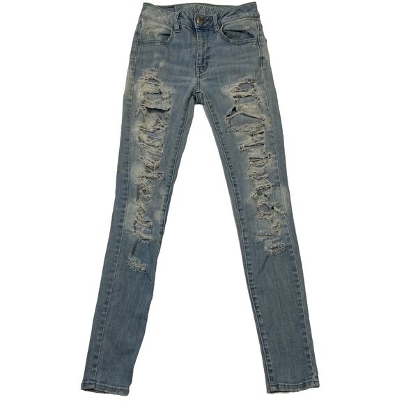 American Eagle 00 Hi Rise Jegging 360 Super Stretch Destroyed Denim Jeans 23x28 - Picture 1 of 16